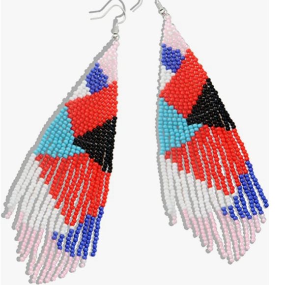 Long 5.5" Black Pink Multicolor Abstract Color Blocked Earrings Beaded Oversized - Picture 3 of 4